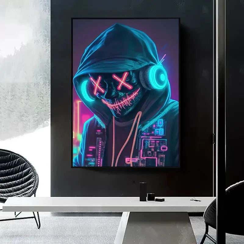 Neon Design Music Cool DJ Headphone Poster Canvas Paintings Abstract Wall Art For Bar Club Room Home Decor Frameless No LED