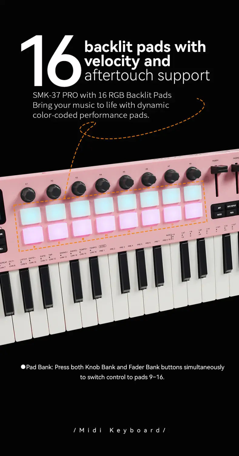 M-VAVE SMK-37 PRO Keyboard MIDI Controller USB | 16 RGB Pads And 8 Knobs Supports Software Operation for Windows Mac iOS Android