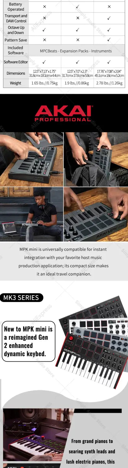 akai professional mpk mini play mk3 plus midi keyboard piano arranger music controller