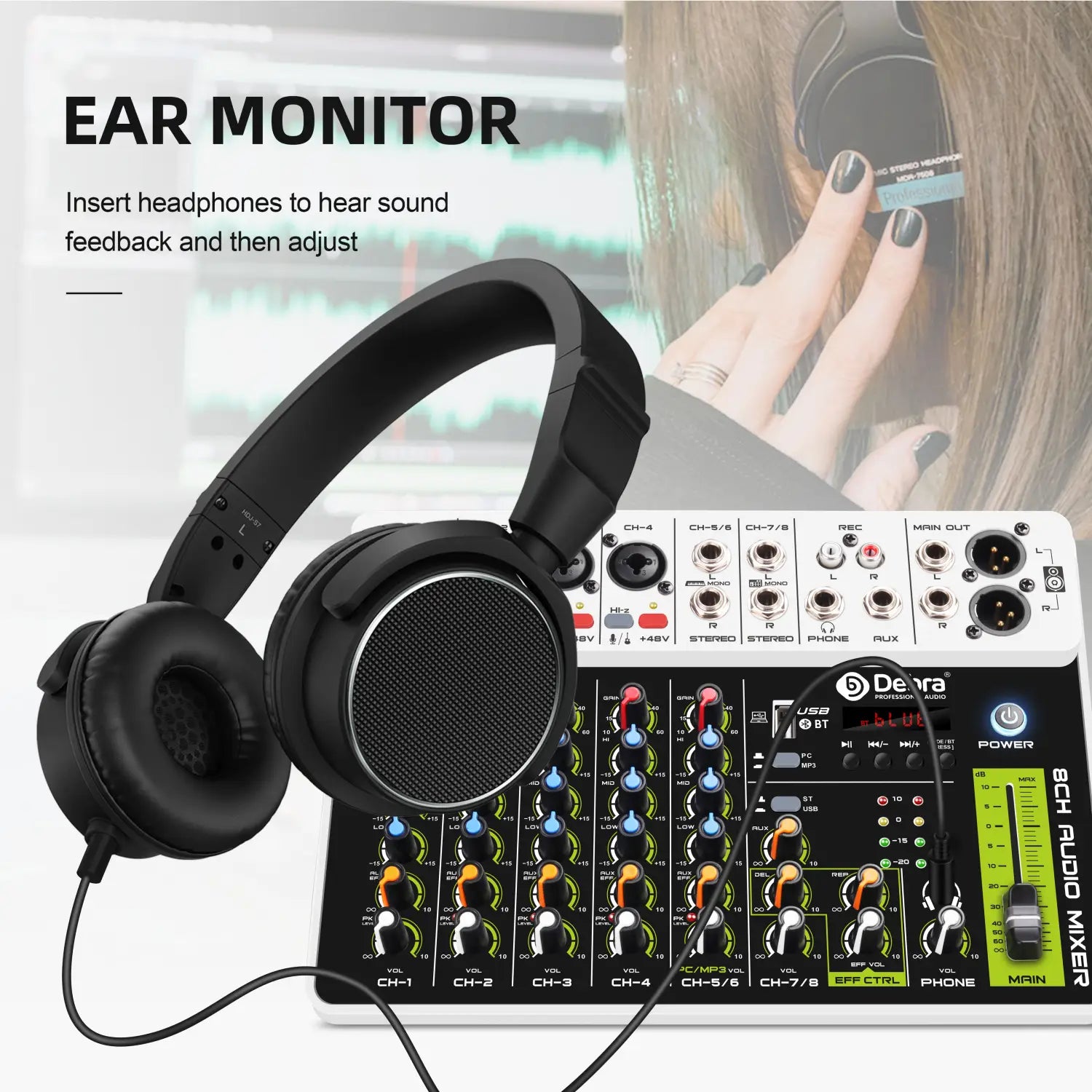 4/8 Channel Audio Mixer DJ Controller Sound Mixing Console With Bluetooth Phantom Power Delay Repaeat Effect For PC Recording