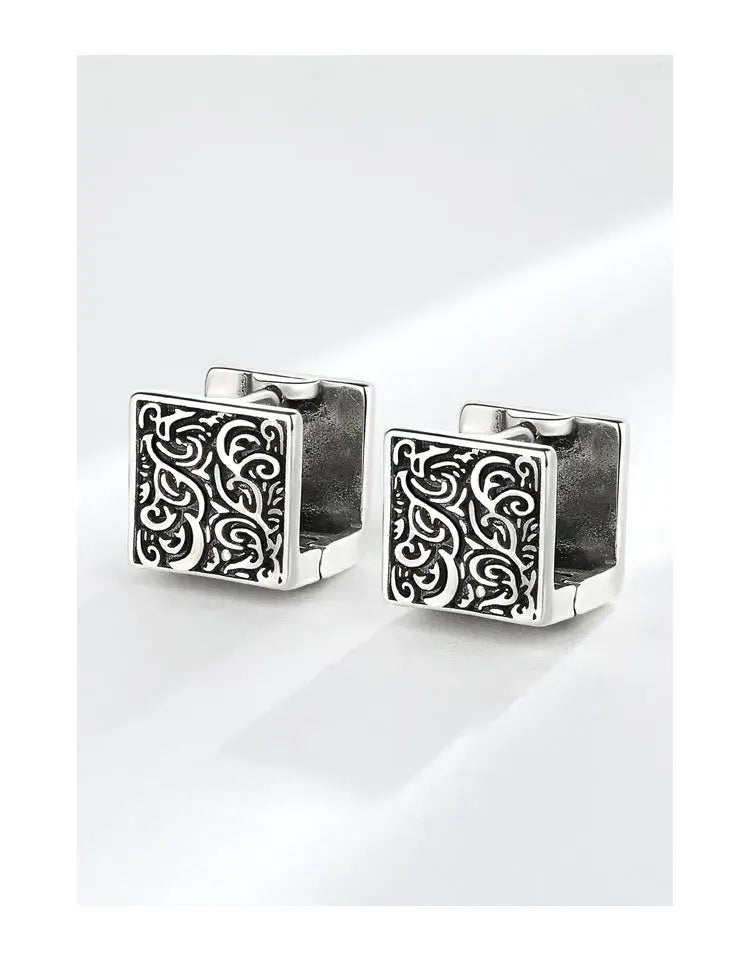 Vintage Ethnic Thai Silver Square Hoop Huggie Earrings for Women Men Chic Pattern Square Earring Hip Hop Rock Rap Cool Jewelry