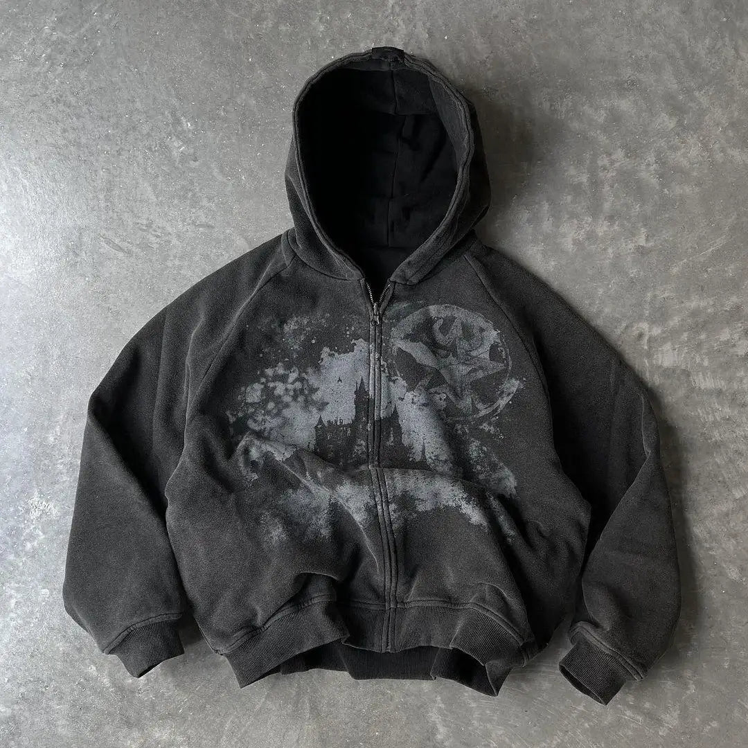 Y2k Gothic Punk Style Printed Star Spot Embroidered Zipper Hoodie Men and Women Fashion Harajuku Retro Oversized Bat Sleeve Top