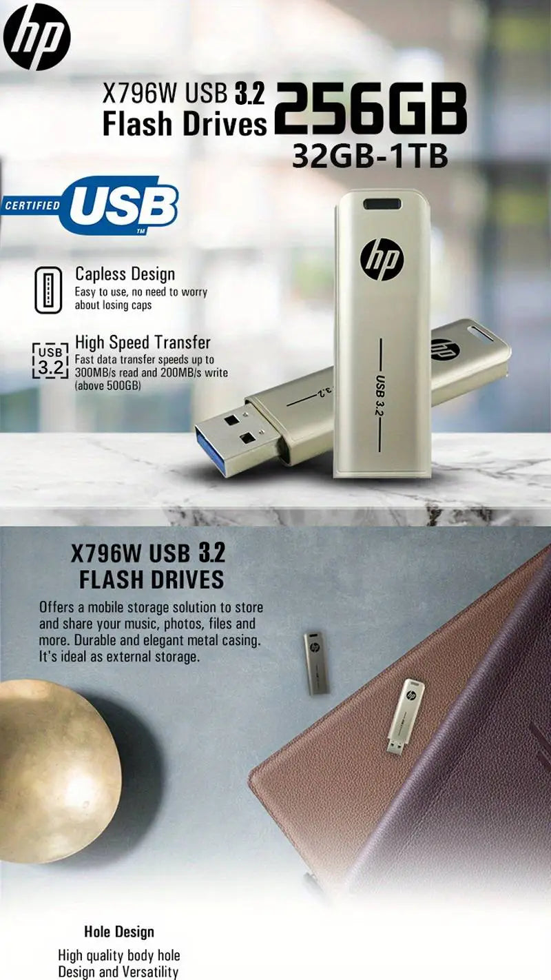 HP USB3.2 Flash Drive 32GB 64GB Metal USB Pendrive 128GB 256GB Creative Personality Car Music High-Speed U Disk