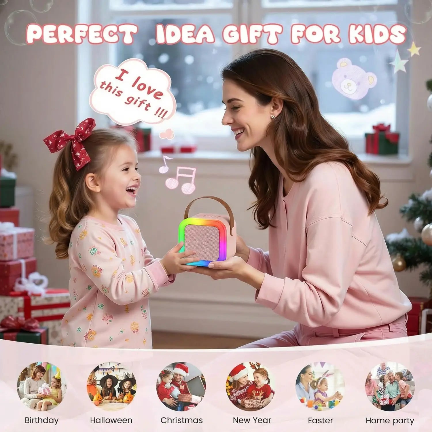 Kids Adult Karaoke Machine Portable Bluetooth Speaker with 2 Microphones RGB Light Voice Changer for Party Gift