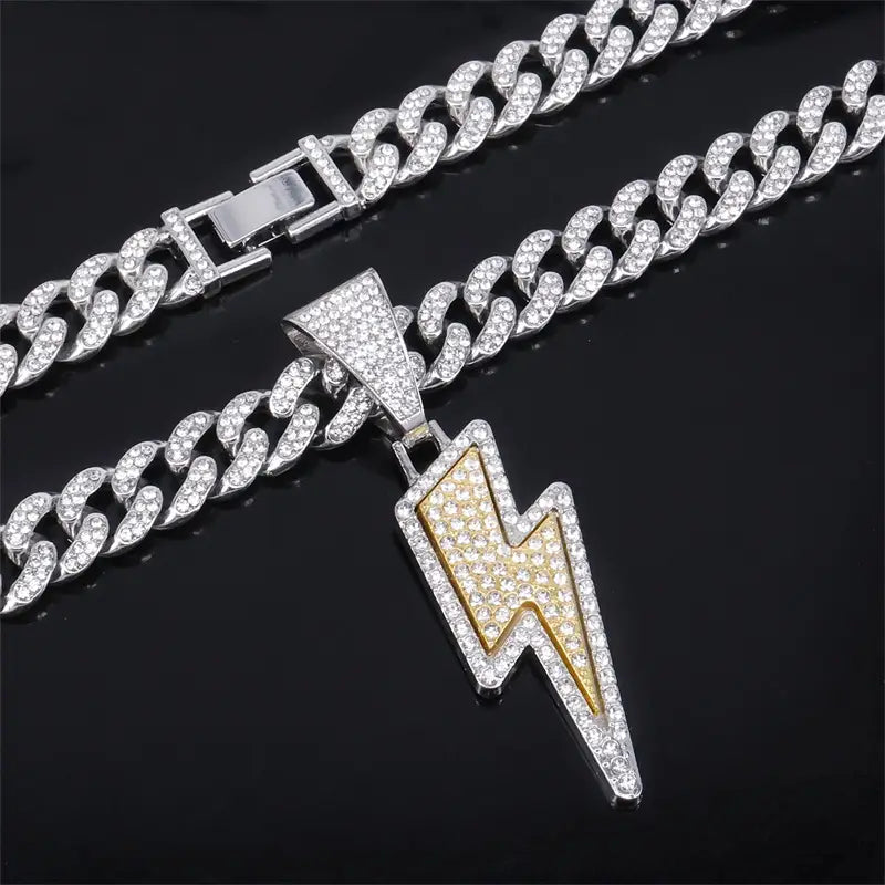 Hip Hop Full Purple Cz Zircon Lightning Pendants Necklace With 20inch Iced Out Miami Cuban Chain Rapper Party Wear Jewelry