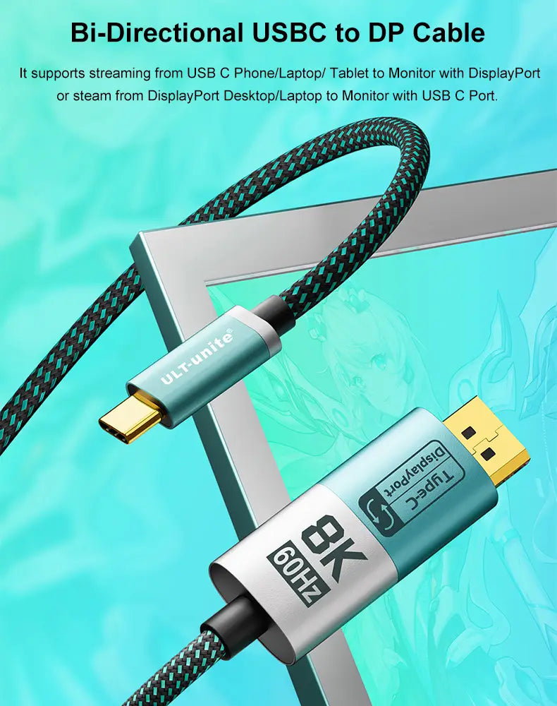 8K DP to Type C Cable Bidirectional USB C to Displayport 1.4 for iPhone 15 Macbook Pro iPad iMac Compatible Thunderbolt 3/4