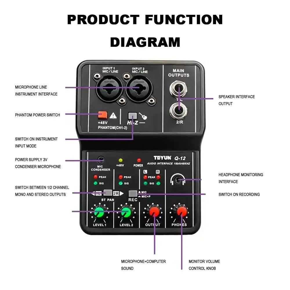 2 Channels Professional Portable Audio Interface Sound Card Console Mini USB MIXER for Guitar Recording Studio Singing TEYUN Q12