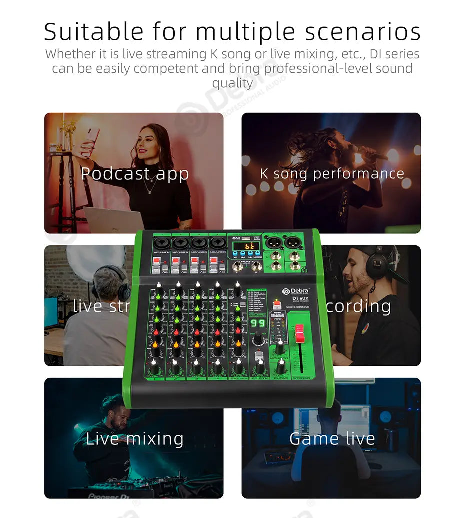 Debra DI pro Mixer Audio for Home Karaoke Live Broadcast Recording Studio with 99 DSP Digital Effects And USB MP3 Input