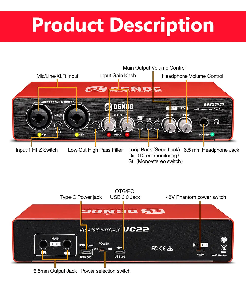 UC22 Audio Interface Sound Card 24-bit/192KHz AD Converter Electric Guitar Live Recording Professional Studio Singing Podcast
