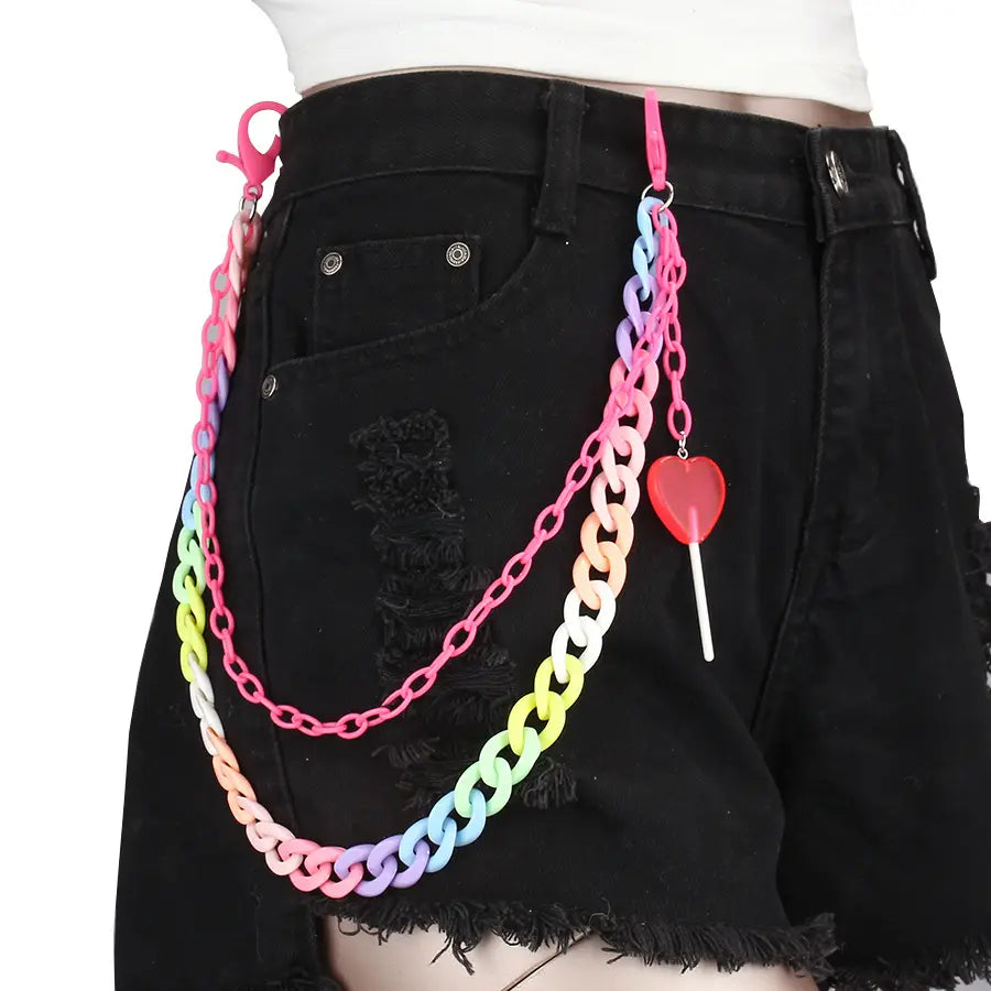 Hip Hop Rainbow Resin Chain Keychain Men Women Waist Chain Multicolor Acrylic Heart Lollipop Pants Trousers Chain Punk Jewelry
