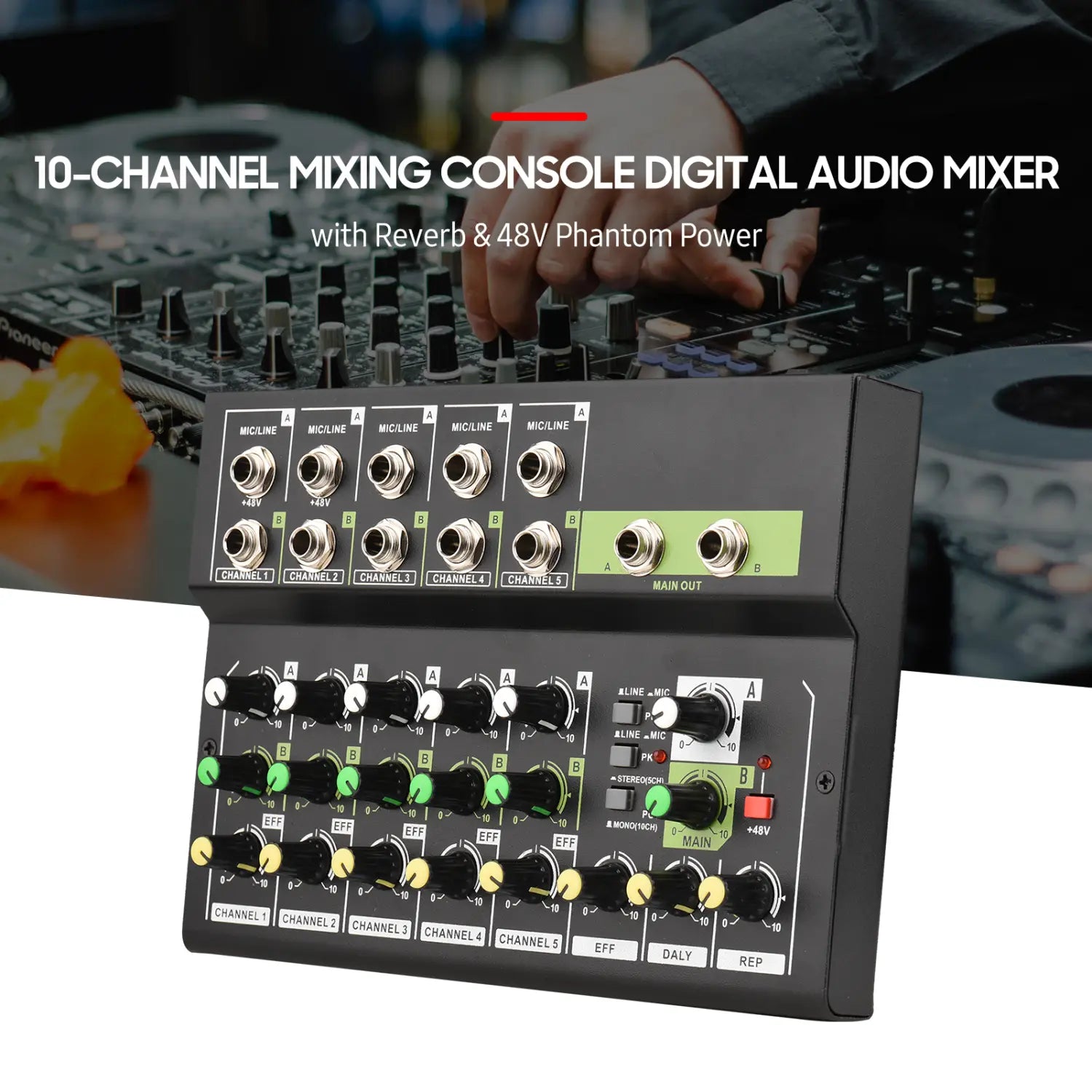 10-Channel Mixing Console Digital Audio Mixer Stereo Mic/Line Mixer Reverb & 48V Phantom Power for Recording DJ Live Karaoke