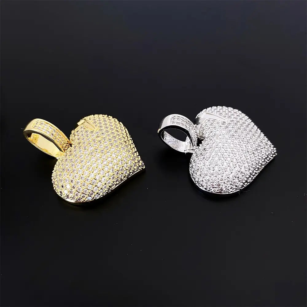 Hiphop Iced Bling 5A Zircon Heart Pendant 14K Gold Plated Rapper Jewelry Cubic Zirconia Love Charm Pendant with Steel Chain 24in