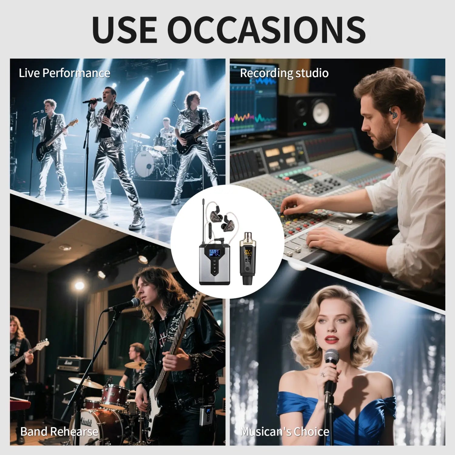 Ear monitoring wireless system Stereo UHF in T9 1/2/4 transmitter and receiver of live music stage performance studio