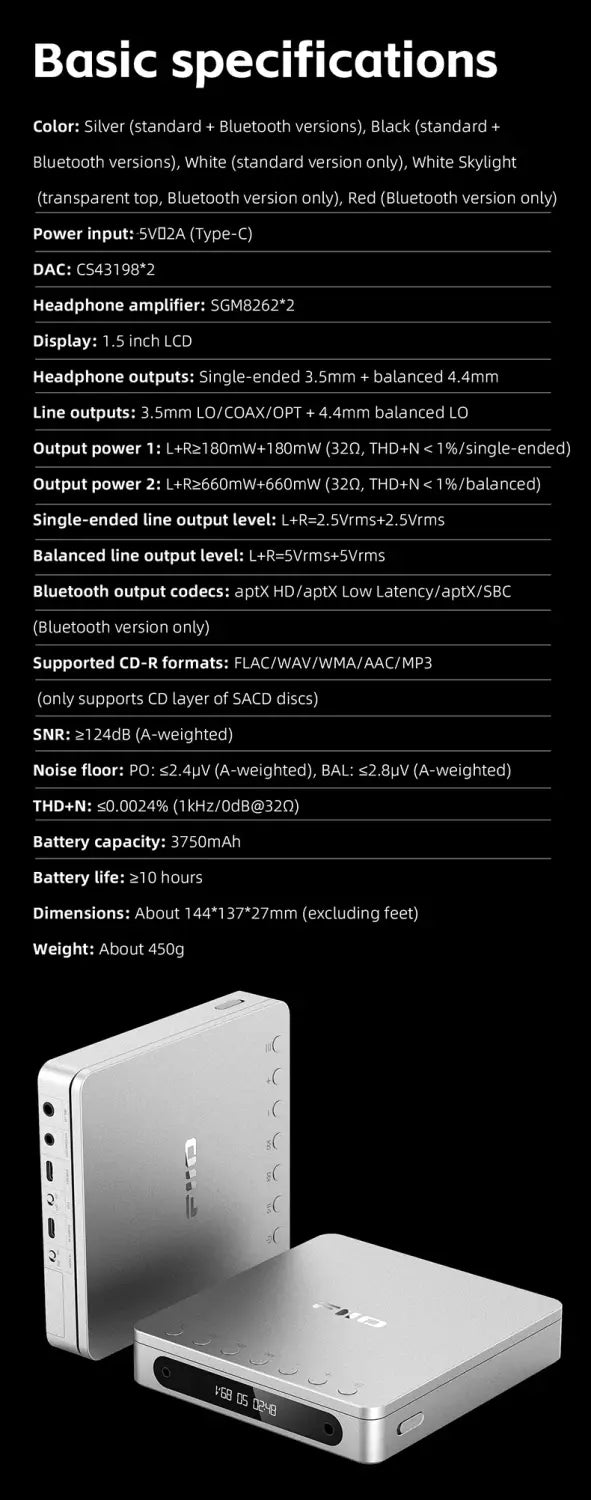 FiiO DM13 Multifunctional Portable Stereo CD Player with Long-Lasting Battery Supports USB Ripping Optical/coaxial/3.5mm/4.4mm