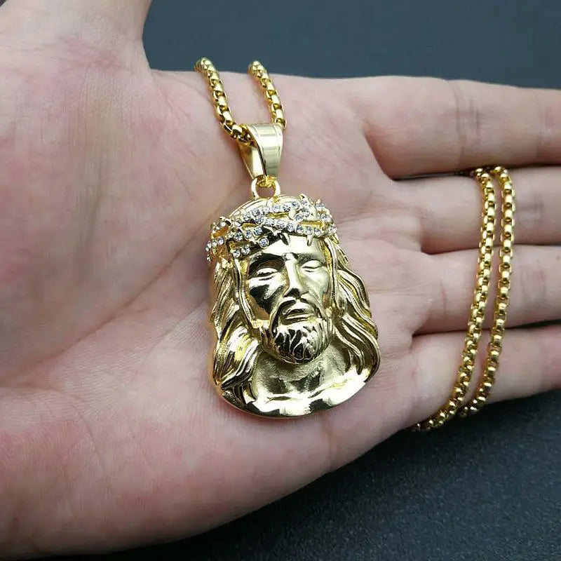 Stainless Steel Titanium Hip Hop God Jesus Human Head Luxury Gold Plated Pendant Collar Chains Necklace for Men Women Jewelry