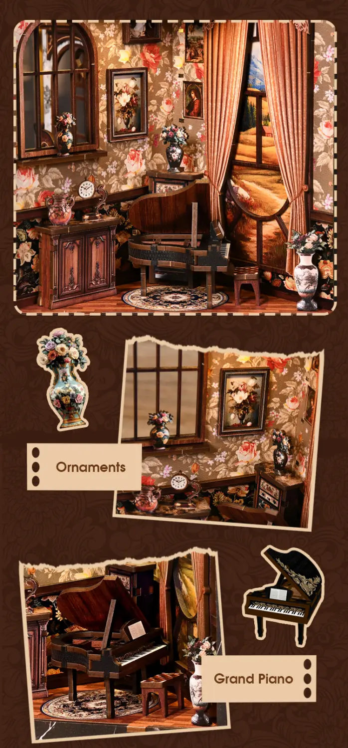European Melody Musical Instrument Box DIY Miniature House 3D Puzzle Bookend Model Wooden Bookend. Creative Gift
