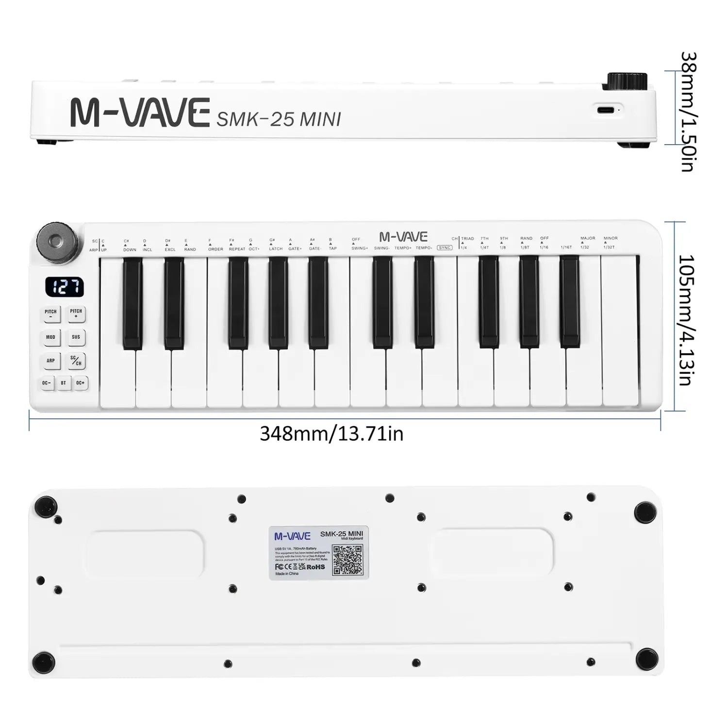 M-VAVE SMK-25mini MIDI Keyboard Rechargeable 25-Key MIDI Control Keyboard with 25 Velocity Sensitive Keys 1 Knob