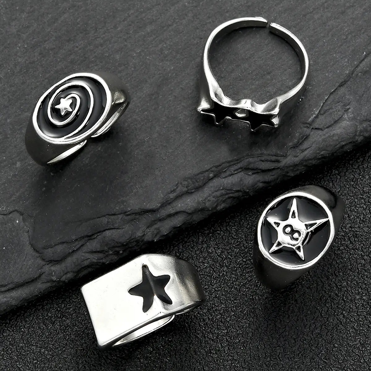 4 Pcs Punk Black Star Rings Set for Women Men Fashion HipHop Silver Color Geometric Thick Finger Ring Y2K Unisex Jewelry Gifts