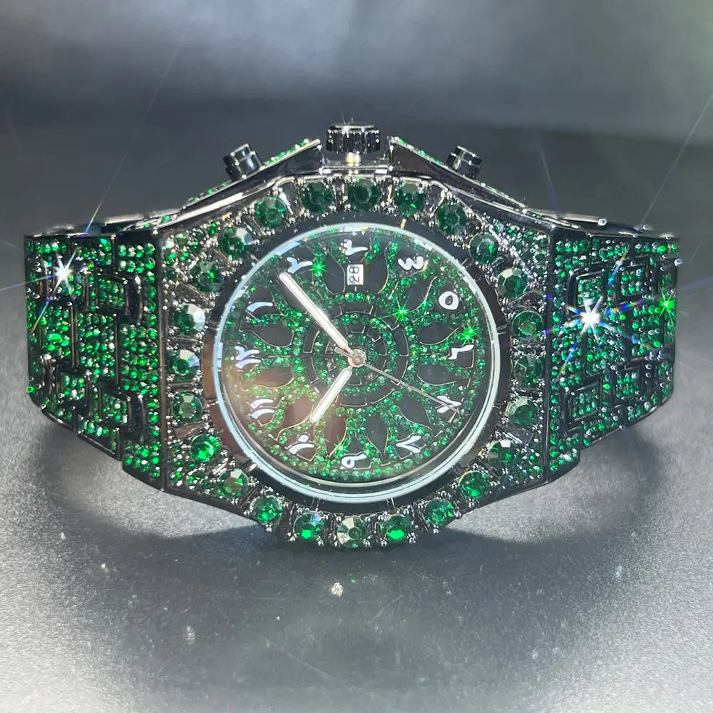 MISSFOX Hip Hop Wristwatch For Men Luxury lce Out Full Diamond Watches Fashion Green Watch Wterproof Week Display Clock 2025