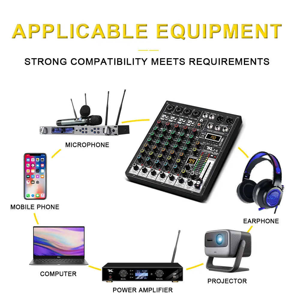 TKLBLS Professional 6-Channel 99DSP Audio Mixer 48V Phantom Power USB Studio Karaoke Bluetooth DJ Console Mixer
