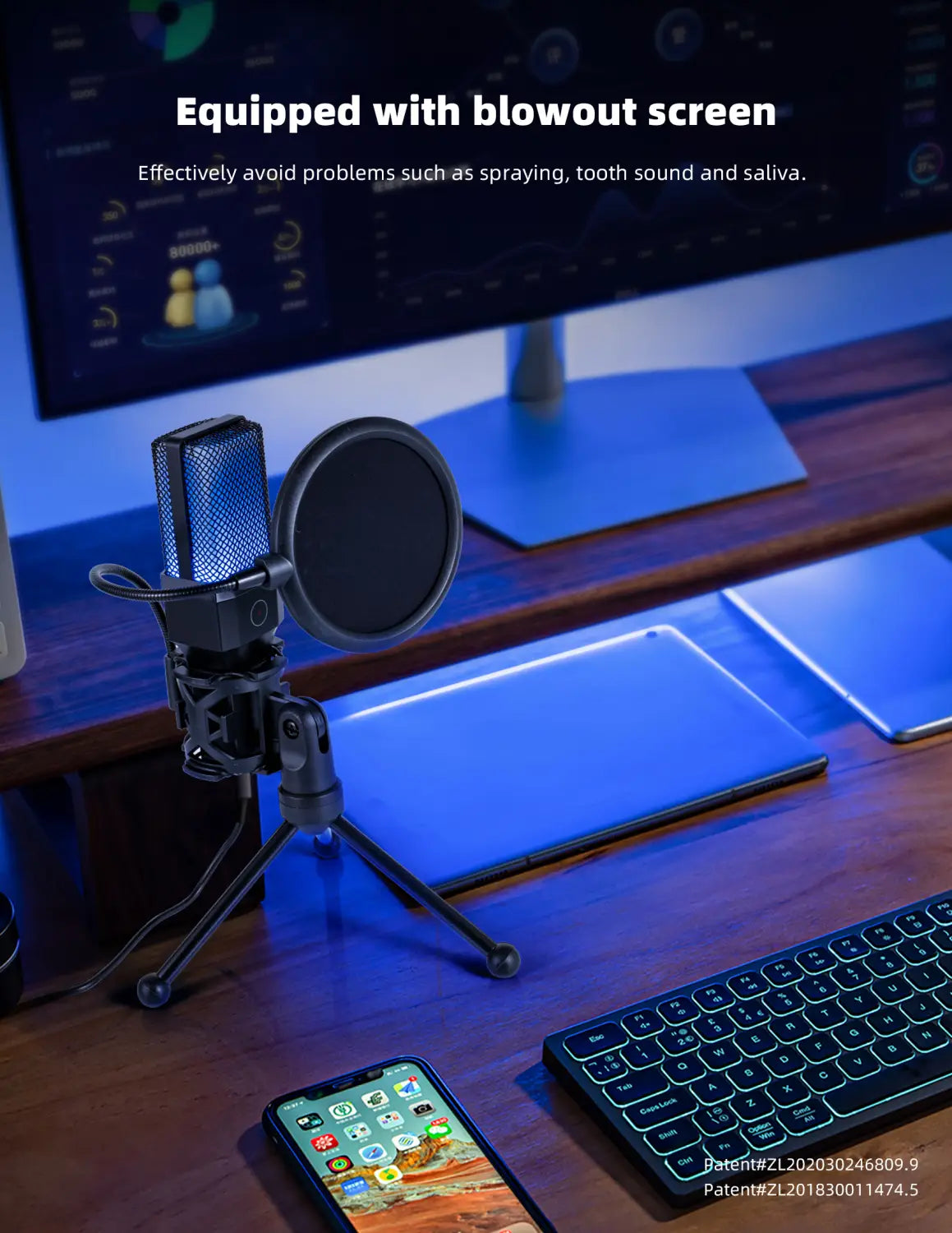 Gaming Microphone Professional Condenser Mic PC Laptop Computer Mike RGB USB Wired Studio Streaming Podcast Gamer Karaoke PC Kit