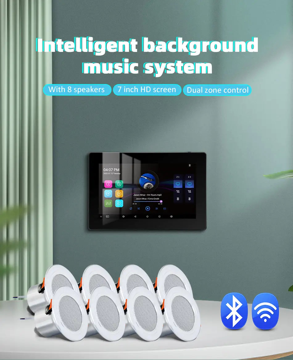 WiFi Bluetooth Wall Amplifier 7 inch Metal Frame Android Amp Home Theater Sound System Mini Stereo Ceiling Speaker Residential