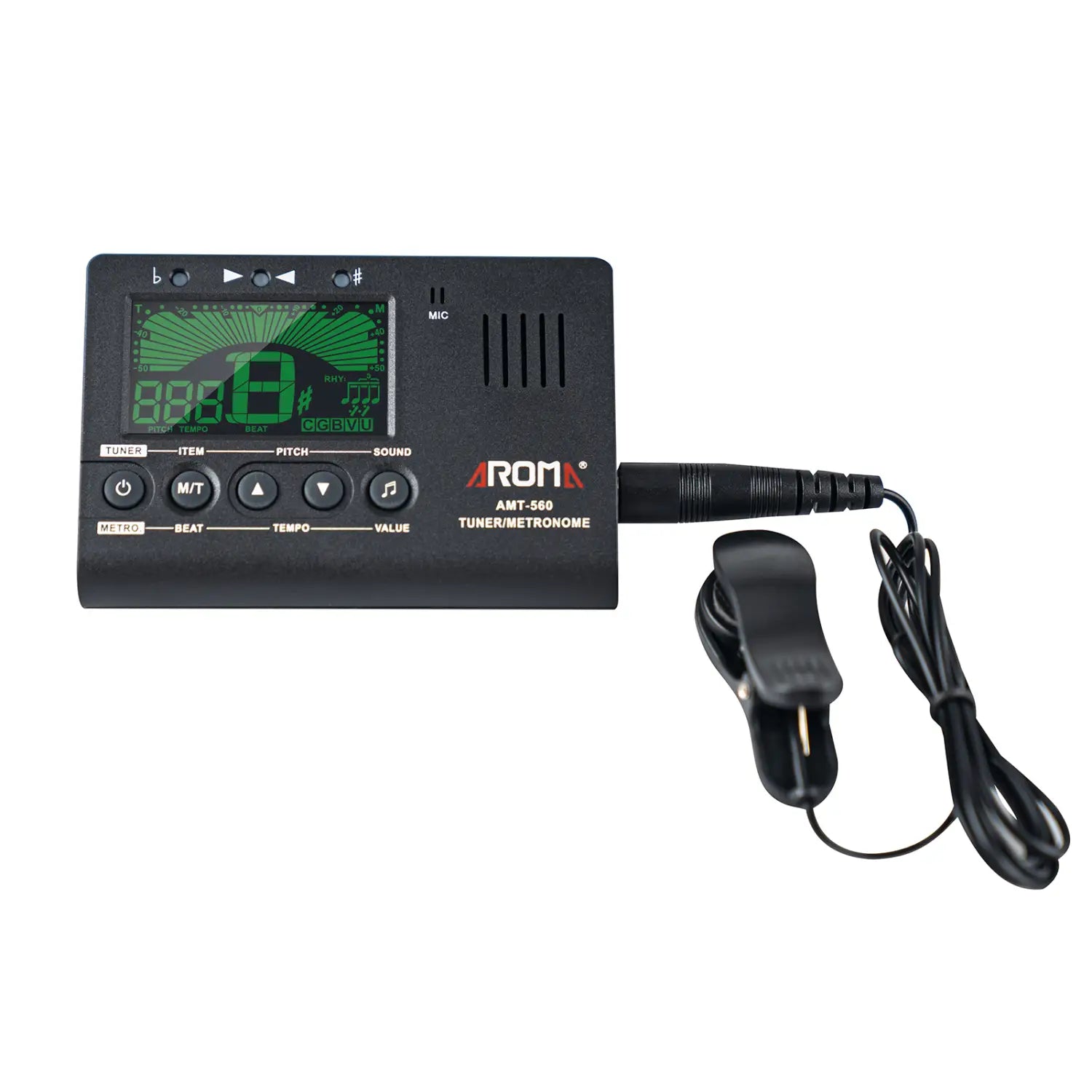 Aroma AMT-560 Electric Guitar Tuner & Metronome Built-in Mic with Pickup Cable 6.3mm for Guitar Chromatic Bass Violin Ukulele