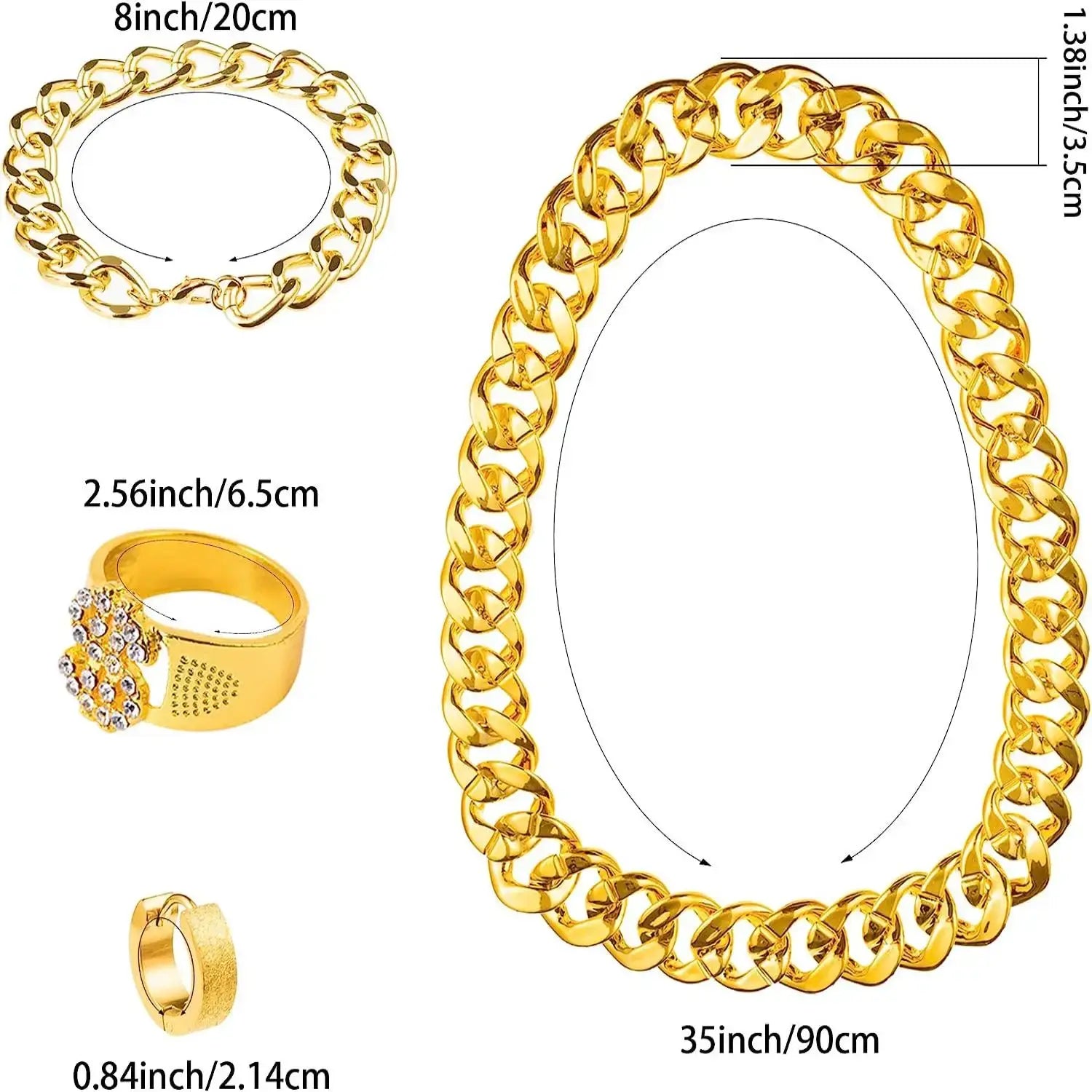 80s 90s Hip Hop Costume Accessories Set for Men Vintage Rapper Cosplay Gold Metal Chain Dollar Ring Bracelet Sunglasses Cap Suit
