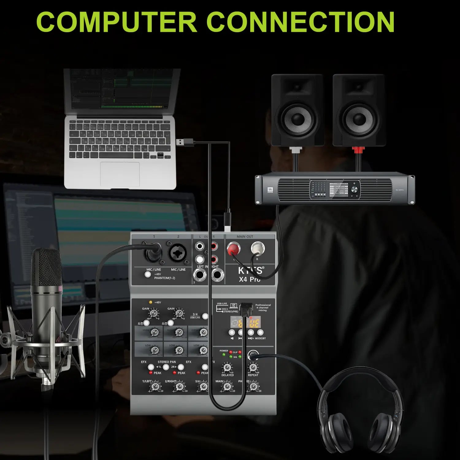 4-Channel Audio Mixer USB Audio Interface Sound Card with Bluetooth for Live Streaming Podcast Recording Home Studio