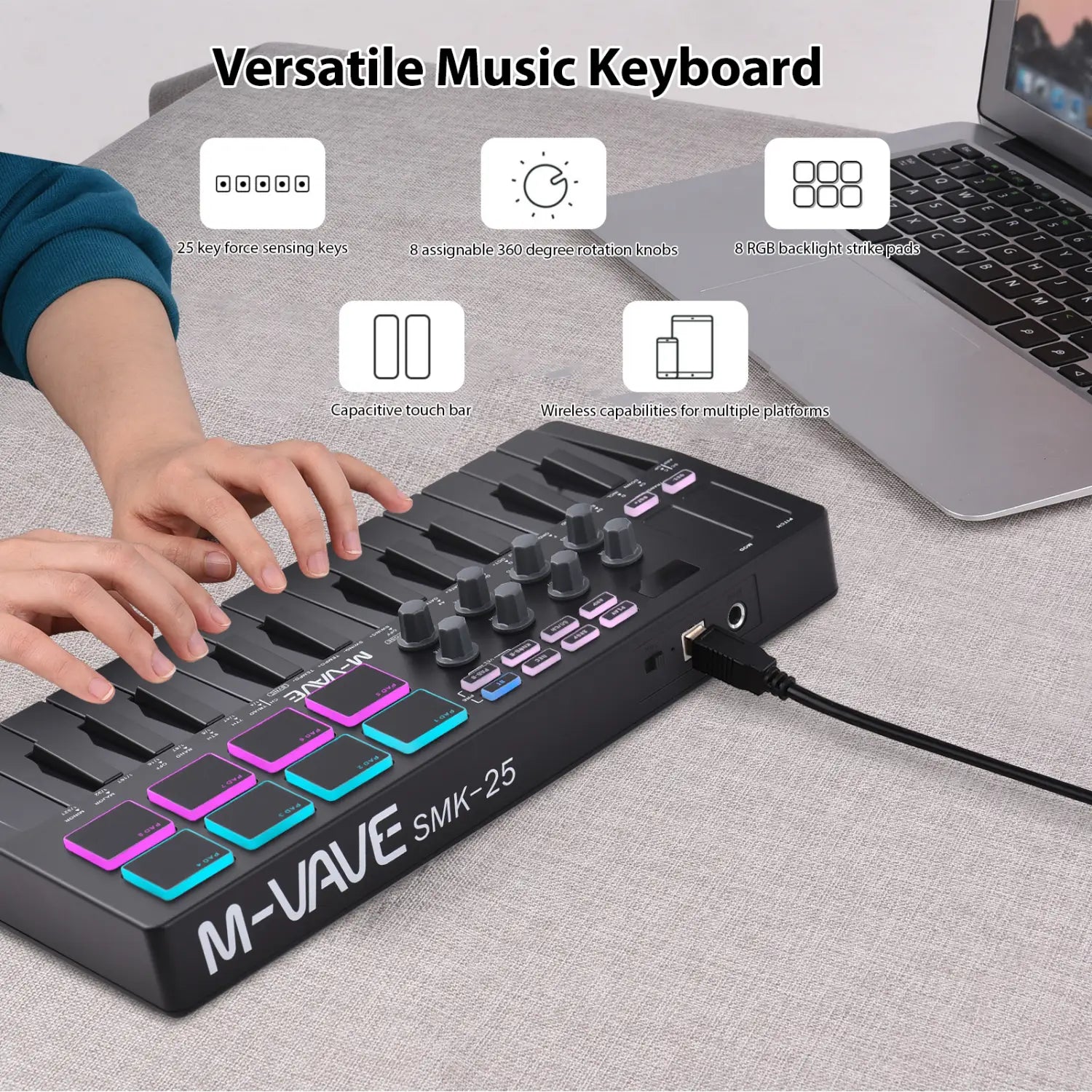 M-VAVE SMK-25 MIDI Keyboard Controller 25-Key 8 RGB Backlit Drum Pads Beats Maker Music Keyboard Strike Pad for Music Production