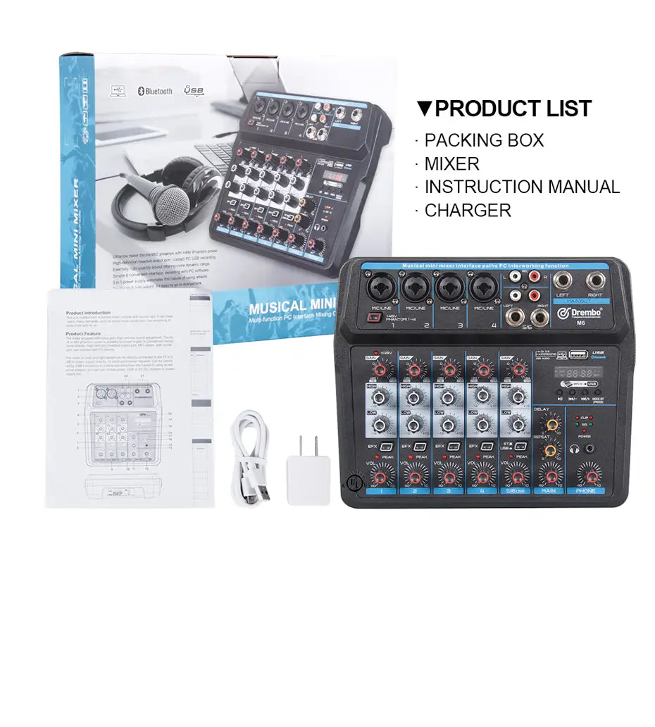 M4 M6 Aduio Mixer DJ Console with Bluetooth Sound Card for PC Recording Karaoke Microphone Instrument Mixing Audio Interface