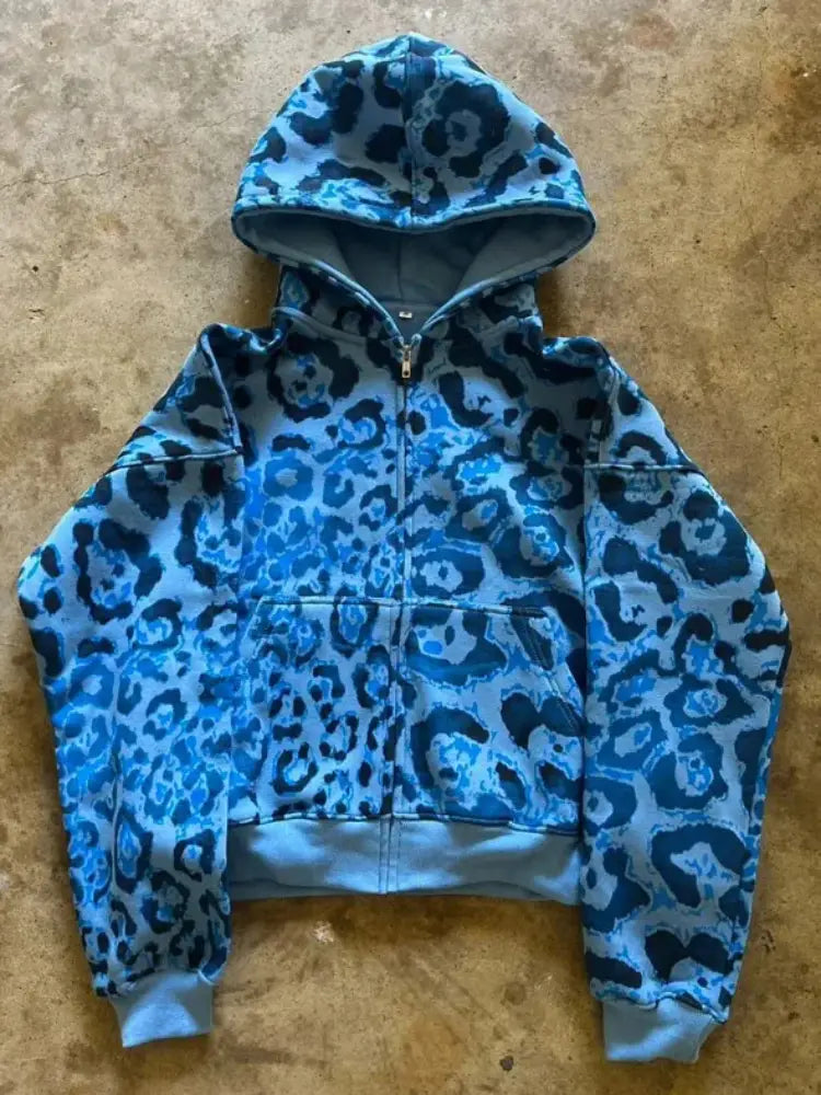 America Hip Hop Casual Fashion High Street Leopard Print Long Sleeve Hoodie 2000s Autumn Winter Dopamine Loose Zipper Sweatshirt