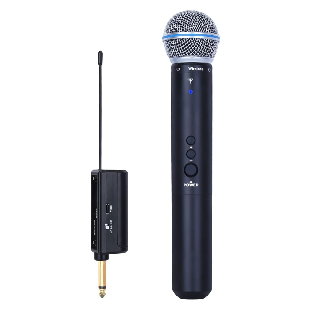 A professional dual-channel UHF wireless dynamic microphone system with a rechargeable receiver suitable for parties karaoke p