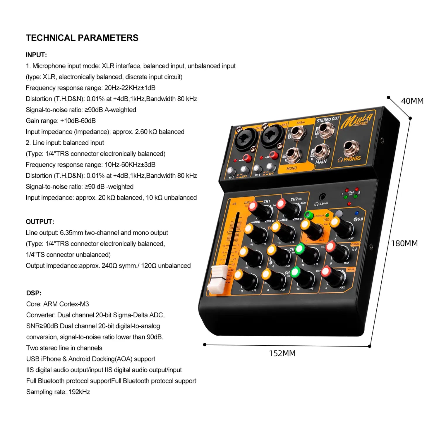Debra OTG Audio Mixer DJ Console Mini4 Interface Bluetooth 48V Power Delay Repaeat Effect For Sound Mixing Console PC Recording