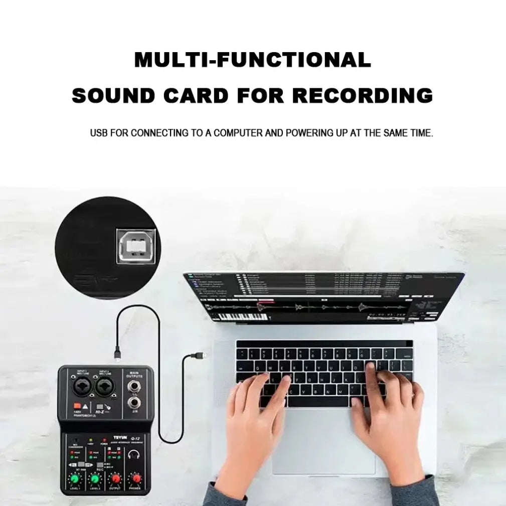 2 Channels Professional Audio Interface Sound Card Console Portable Mini USB MIXER for Guitar Recording Studio Singing TEYUN Q12