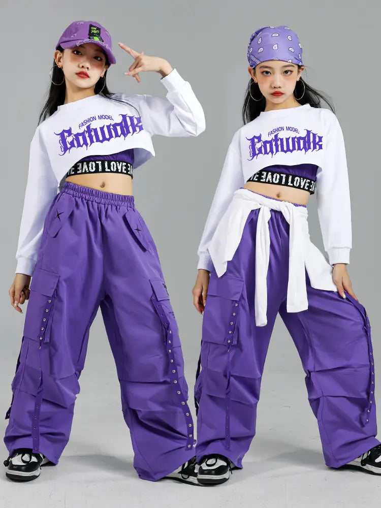 Hip Hop Girls Fashion K-pop Crop Top Purple Cargo Pants Children Street Dance Outfits Kids Streetwear Group Jazz Clothes Sets