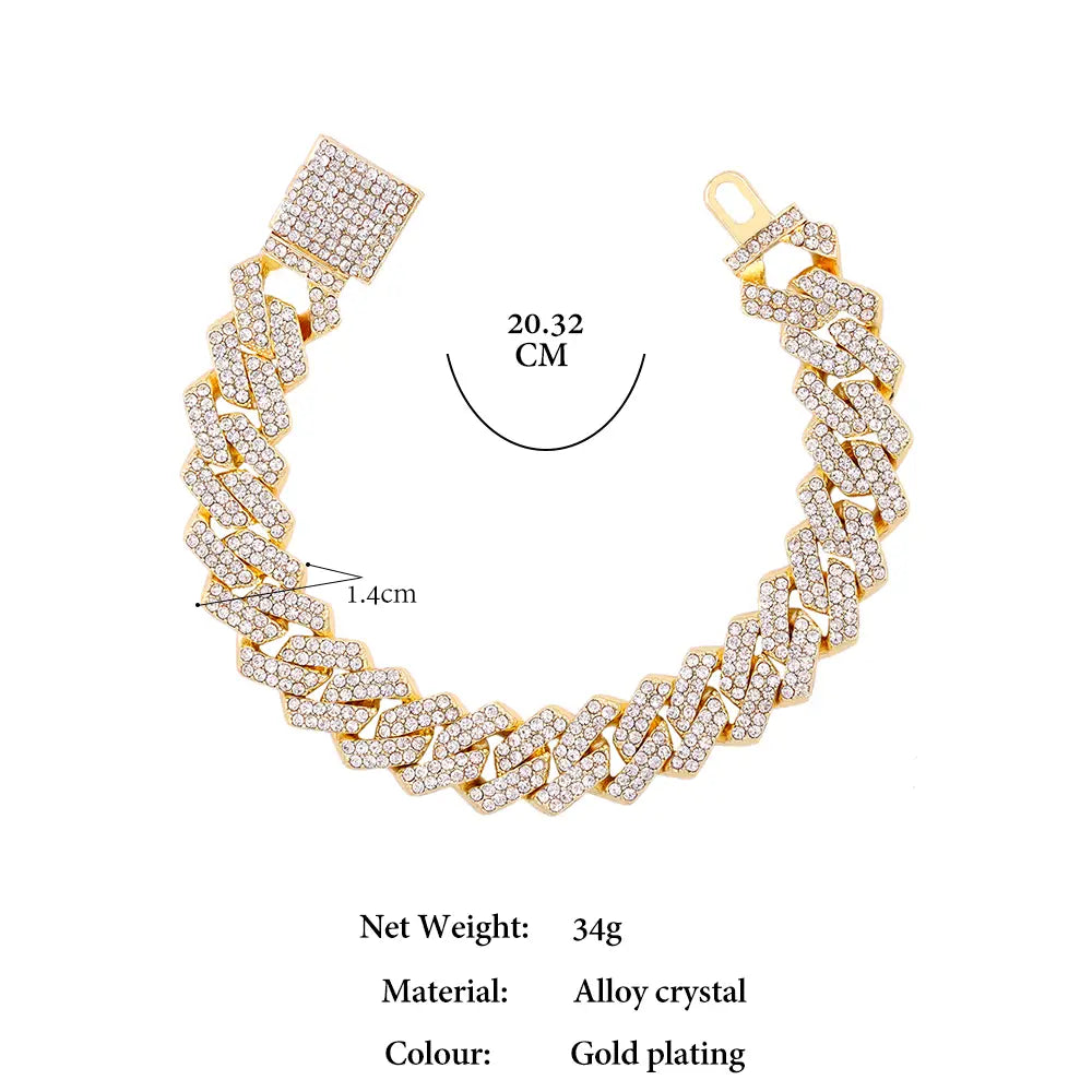 Hip Hop 14MM Prong Cuban Link Chain Necklace & Bracelet Iced Out Bling Cuban Chain Rhinestone Chains For Men Punk Rapper Jewelry