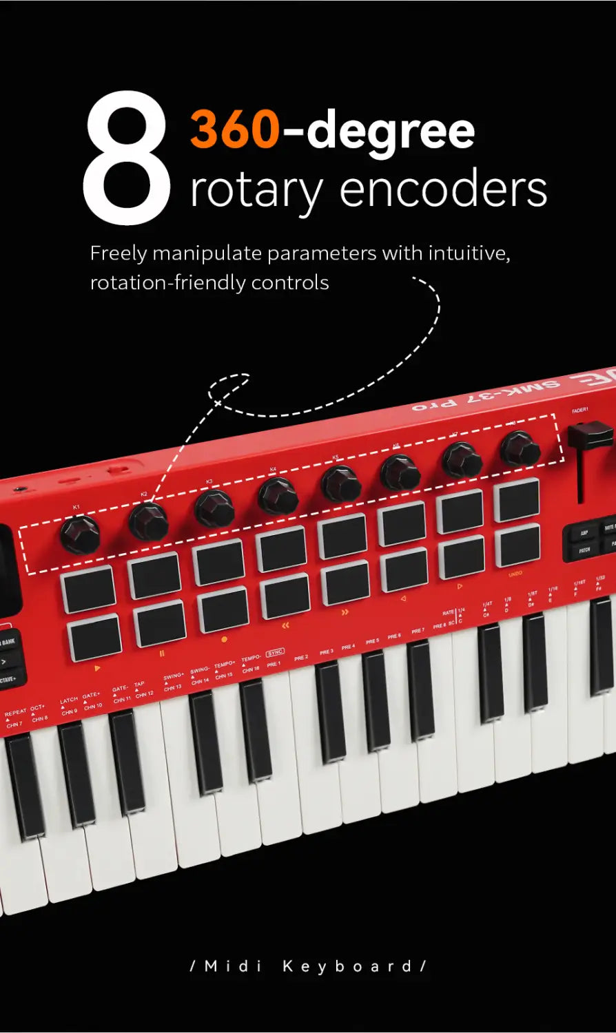 M-VAVE SMK-37 PRO Keyboard MIDI Controller 37 Key 16 RGB Pads&8 Knobs Supports Wireless Connection Systems Software Operation