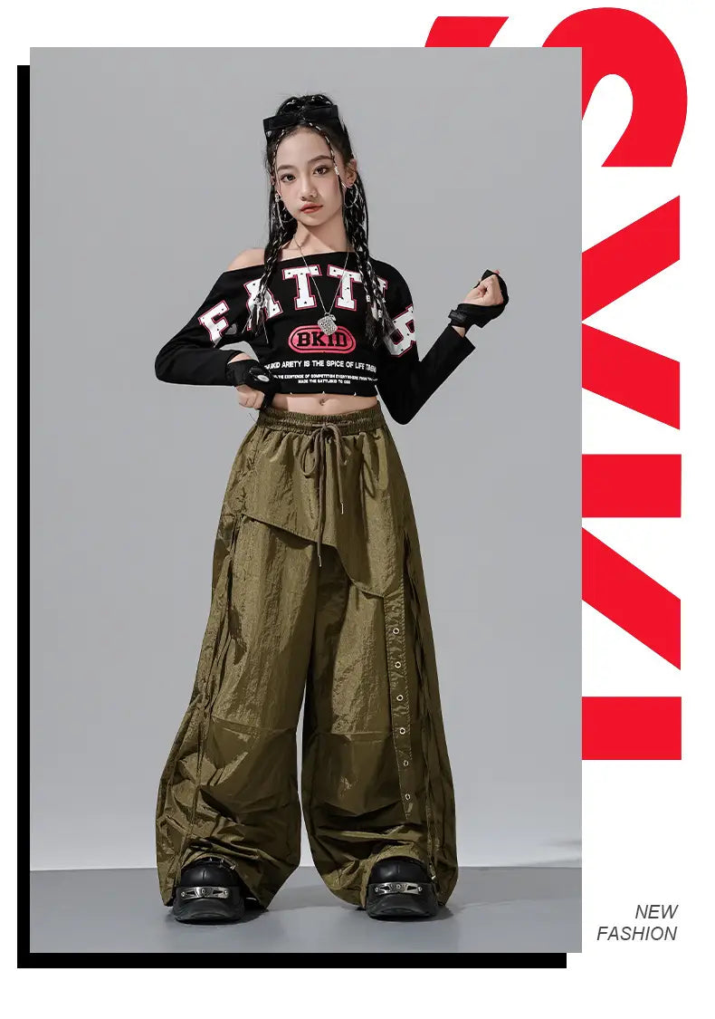 Hip Hop Girls Off Shoulders Crop Top Cargo Pants Kids K-pop Street Dance Clothes Set Children Girl Group Streetwear Teen Costume