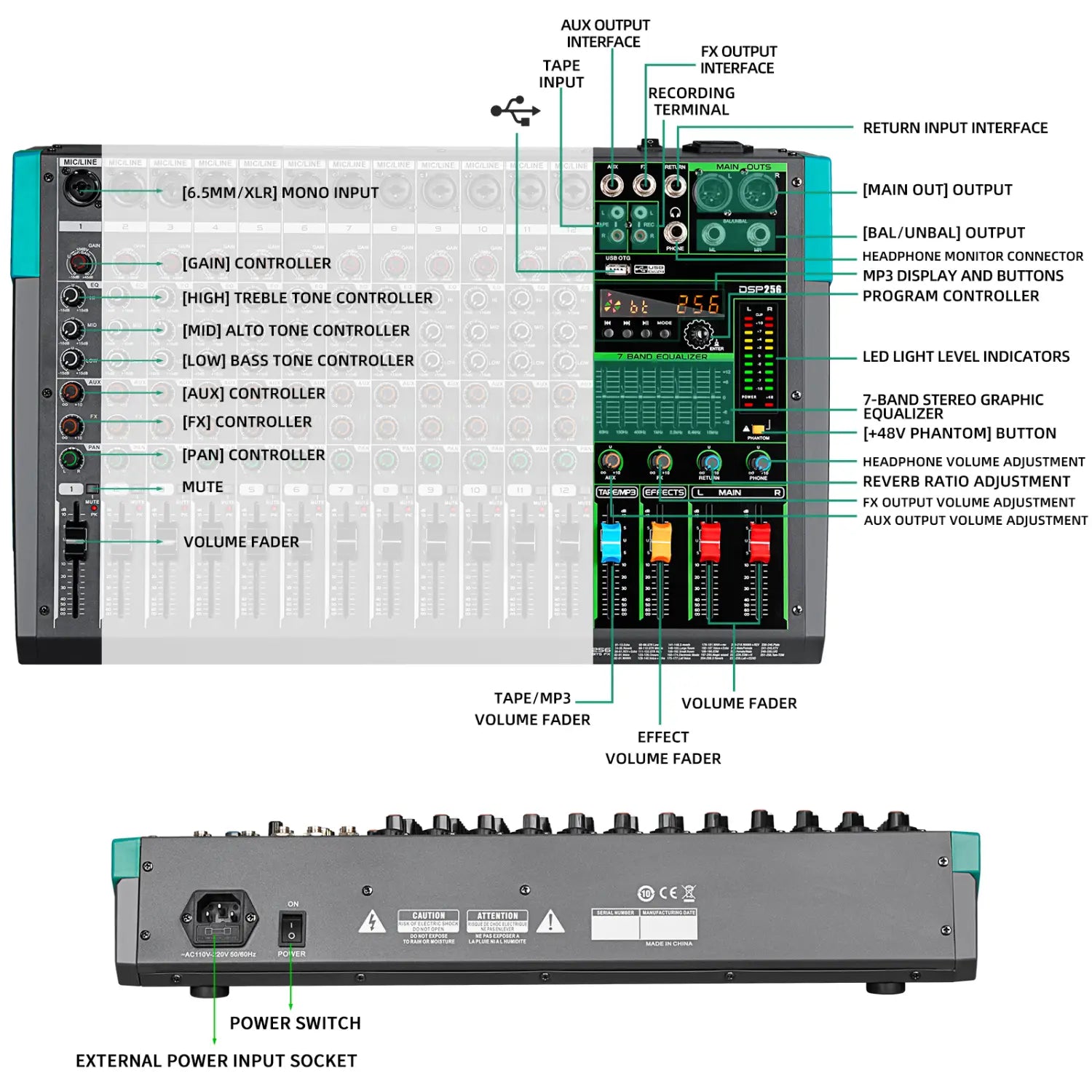 12 Channels Audio Sound Mixer Depusheng MG12 Mixing DJ Console USB with 48V Phantom Power 256 DSP Effects Sound Table for stage