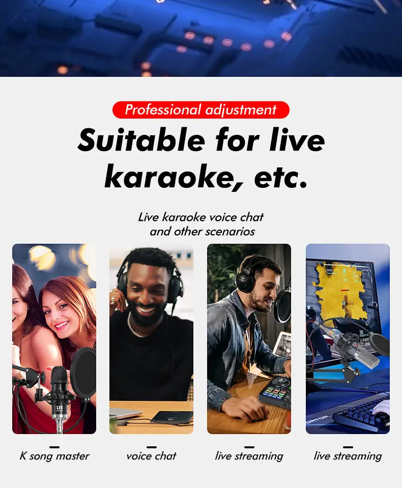 DJ20 Sound Card Kits Studio Record Professional Mixer Singing 48V Microphone BM800 for Karaoke Podcast Recording Live Streaming
