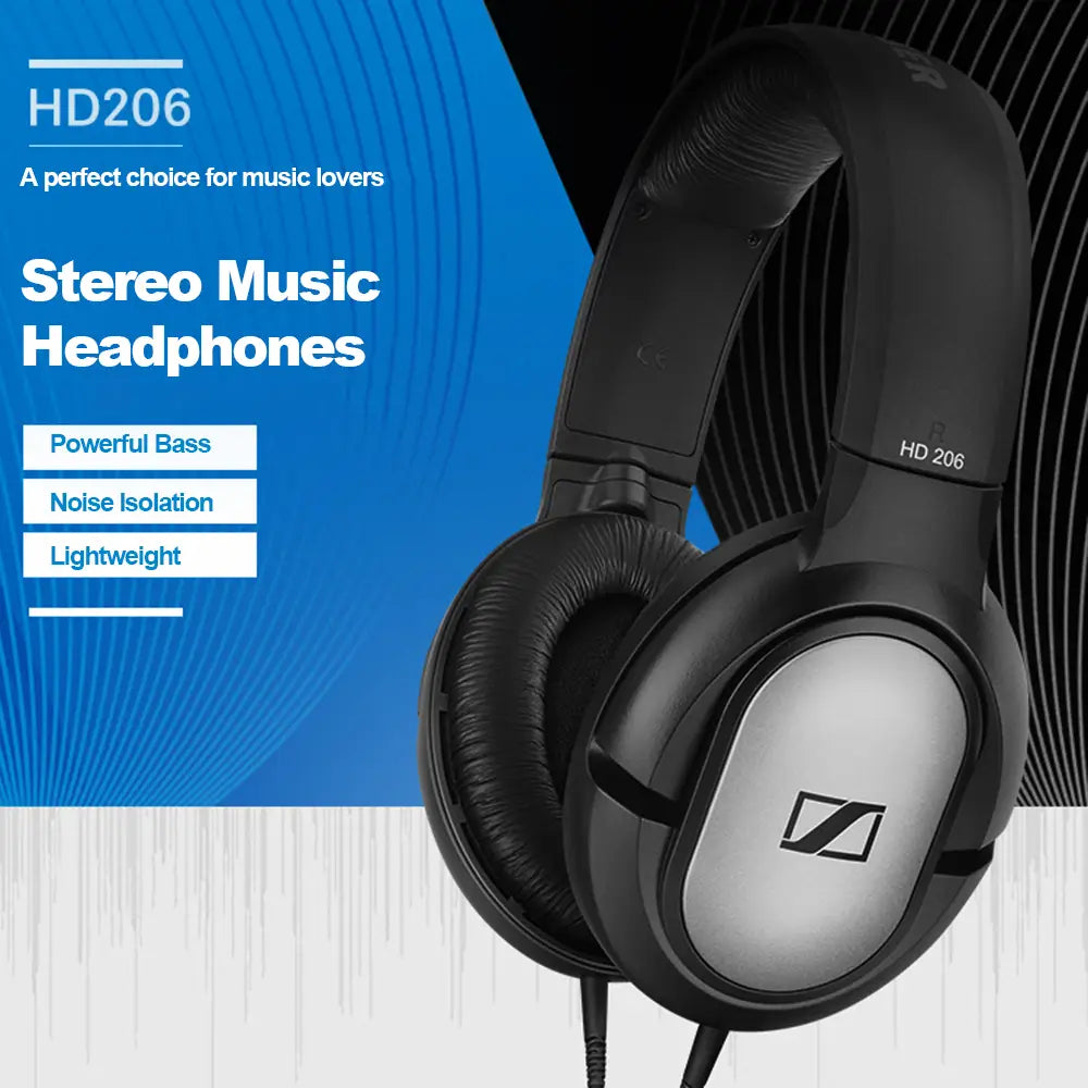 Sennheiser HD206 Over Ear Studio Headphones Professional Monitor DJ Headset HiFi Stereo Bass Wired 3.5mm Audio Earphone