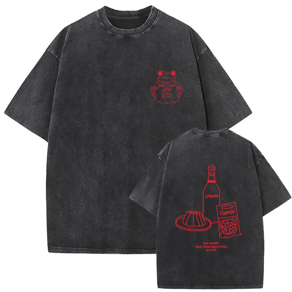 Rapper Bad Bunny Washed Vintage T-shirt Debi Tirar Mas Fotos DTMF World Tour 2026 T Shirts Men Women Fashion Hip Hop T-shirts