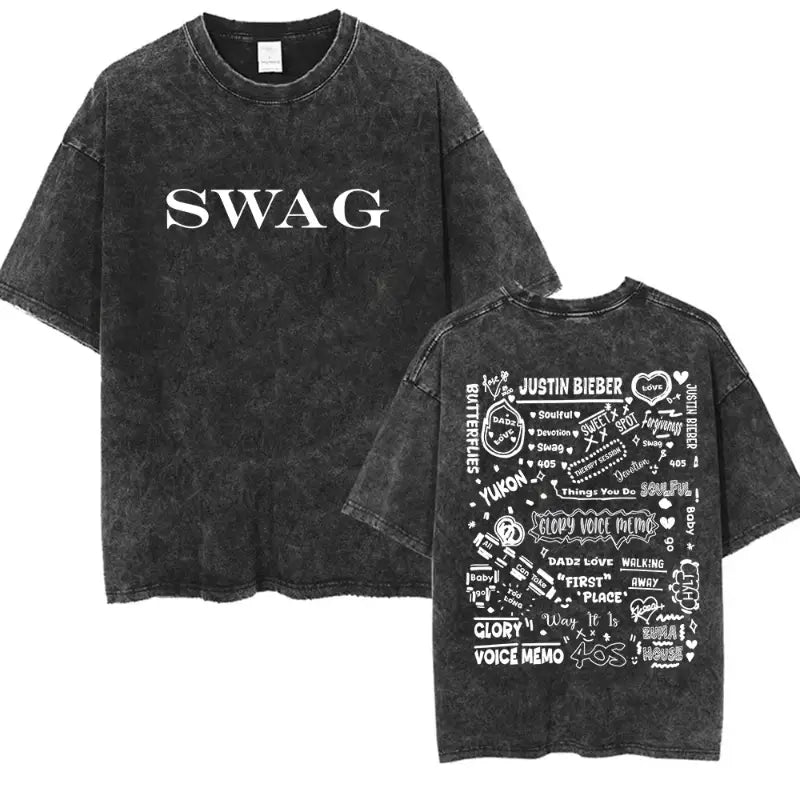 Rapper Justin Bieber SWAG Album 2025 Vintage Washed Graphic T-Shirt Woman’s Hip Hop Loose Fashion Short Sleeve Streetwear