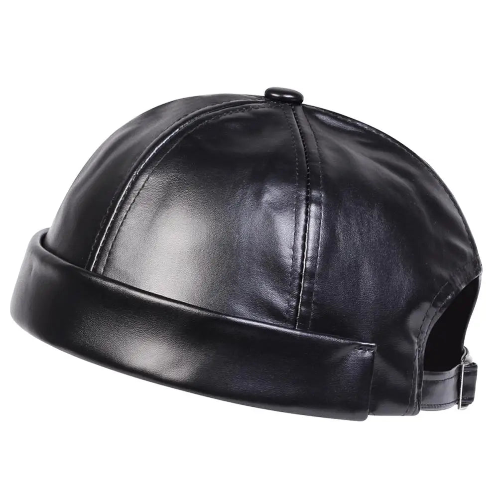 New PU Leather Landlord Hat Streetwear Melon Skin Hat Retro Unisex Hip Hop Cap Autumn Men Women Adjustable Brimless Docker Hat