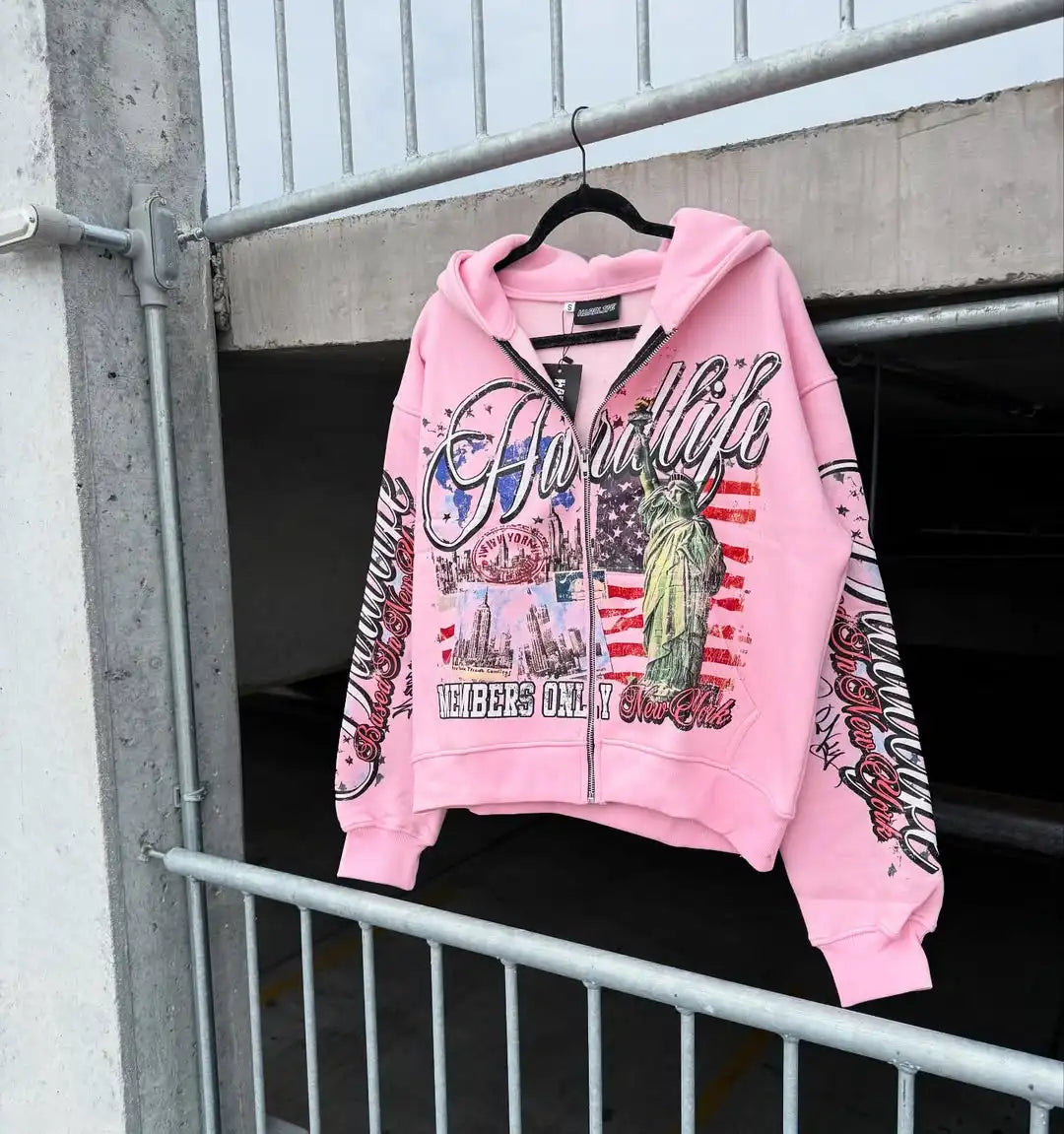 Retro letter printing zipper sweatshirt jacket casual men and women fashion personality design hoodie Y2K hip-hop streetwear