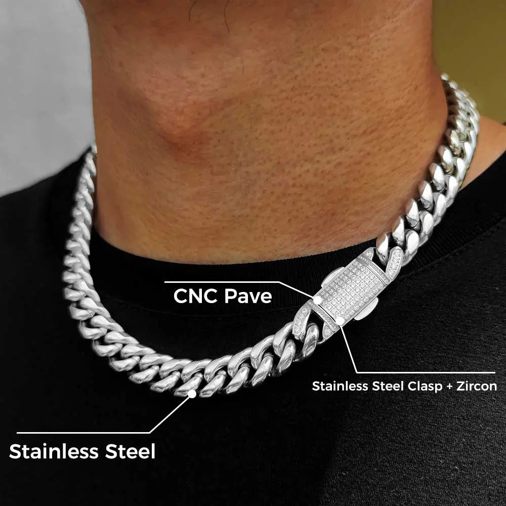 12mm Hip Hop Stainless Steel Jewelry Homme Cadena Luxury Miami Cuban Link Chain Men Rapper Rock Necklace