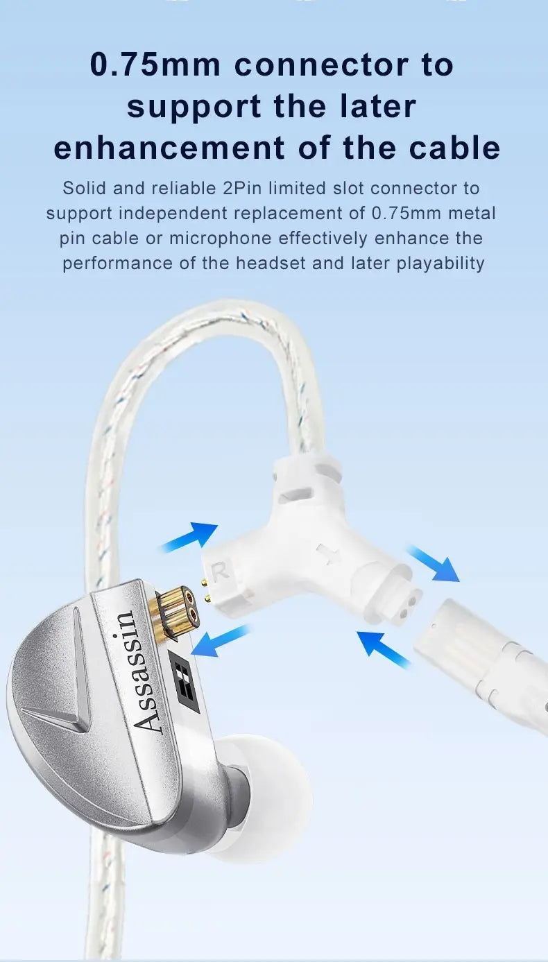 CVJ Assassin Silver in Ear Earphones 1BA + 1DD + 1Vibrate Game Mode HIFI Microphone Hybrid Tuning Switch Wired Earbuds IEM Headphone