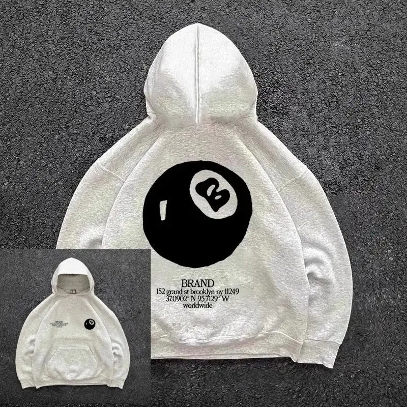 Retro 8-ball pattern hooded men’s streetwear,oversized pullover casual and fashionable sportswear daily wear and hip-hop style