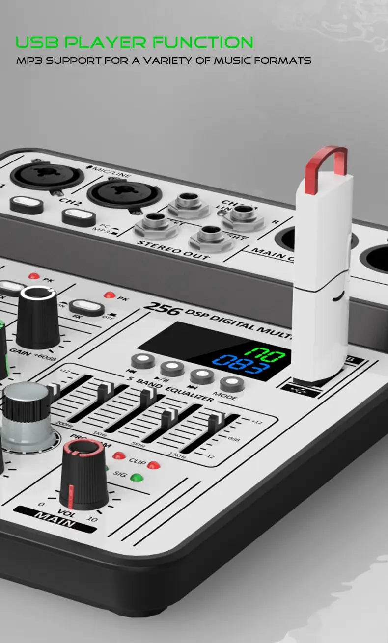 Professional 4-Channel 256DSP Audio Mixer 48V Phantom Power USB Studio Karaoke Bluetooth DJ Console Mixer